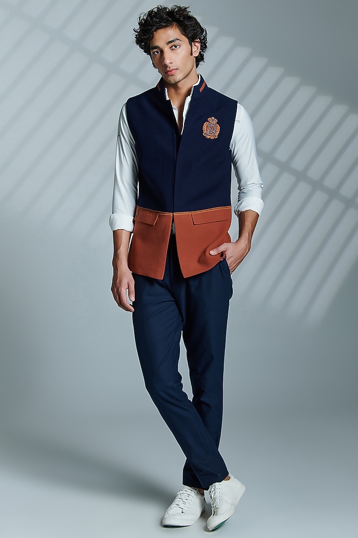 Navy & Brown Terylene Embellished Bundi Jacket by S&N by Shantnu Nikhil Men at Pernia's Pop Up Shop