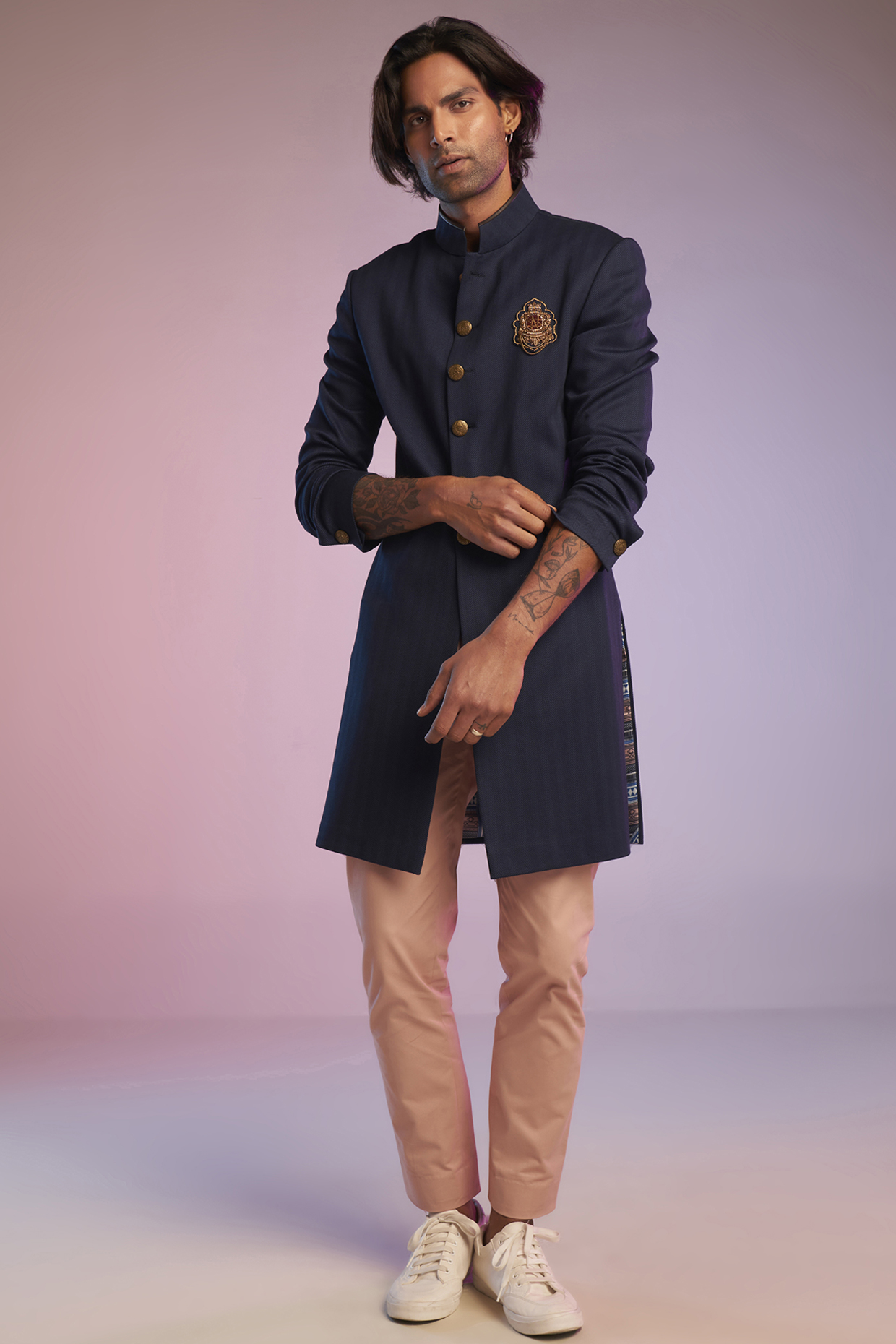 Navy Blue Terylene & Faux Leather Sherwani by S&N by Shantnu Nikhil Men