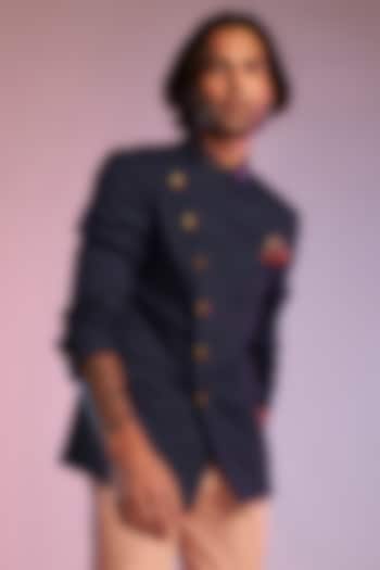 Navy Blue Terylene & Faux Leather Wedding Bandhgala Jacket by S&N by Shantnu Nikhil Men at Pernia's Pop Up Shop