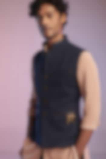 Navy Blue Poly Blend Nehru Jacket by S&N by Shantnu Nikhil Men at Pernia's Pop Up Shop