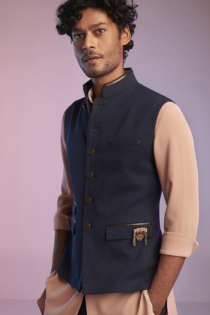 Navy Blue Poly Blend Nehru Jacket by S&N by Shantnu Nikhil Men at Pernia's Pop Up Shop
