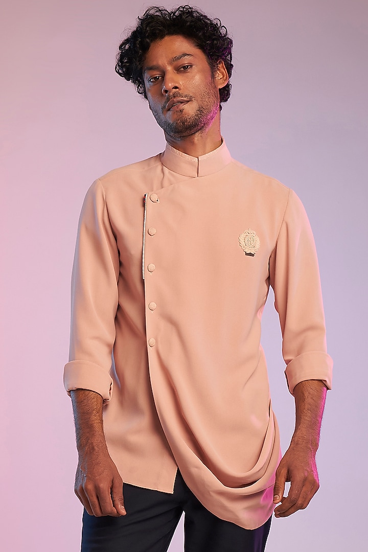 Pastel Pink Poly Blend Draped Shirt by S&N by Shantnu Nikhil Men