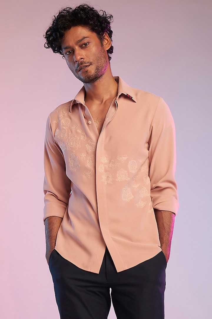 Pastel Pink Cotton Embroidered Shirt by S&N by Shantnu Nikhil Men