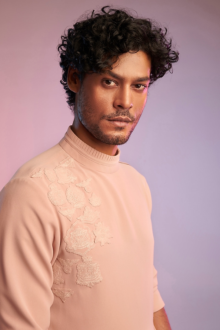 Pastel Pink Poly Blend Embroidered Kurta by S&N by Shantnu Nikhil Men at Pernia's Pop Up Shop