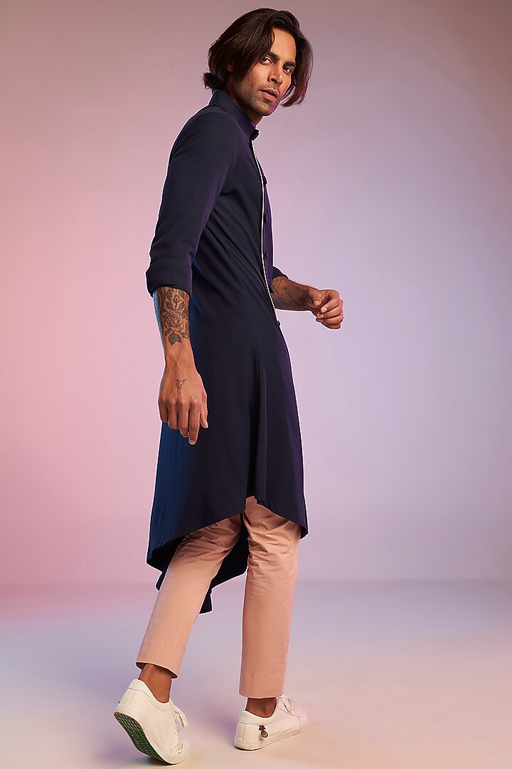 Navy Blue Terylene & Viscose Asymmetrical Kurta by S&N by Shantnu Nikhil Men at Pernia's Pop Up Shop