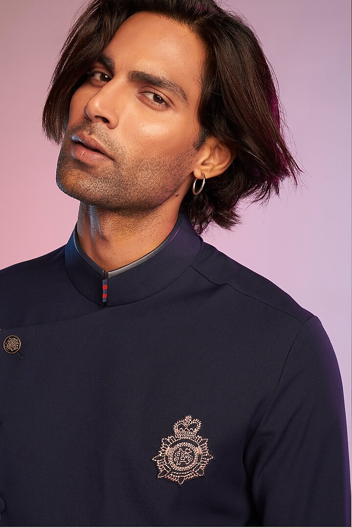 Navy Blue Terylene & Viscose Asymmetrical Kurta by S&N by Shantnu Nikhil Men at Pernia's Pop Up Shop