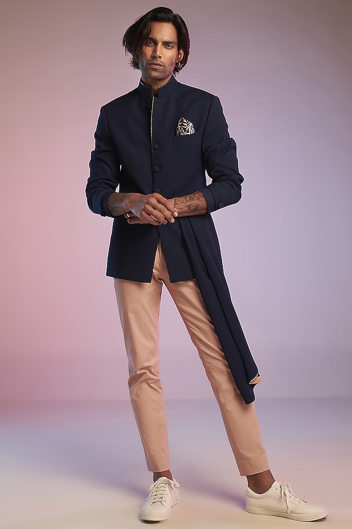 Navy Blue Poly Blend Bandhgala Jacket by S&N by Shantnu Nikhil Men