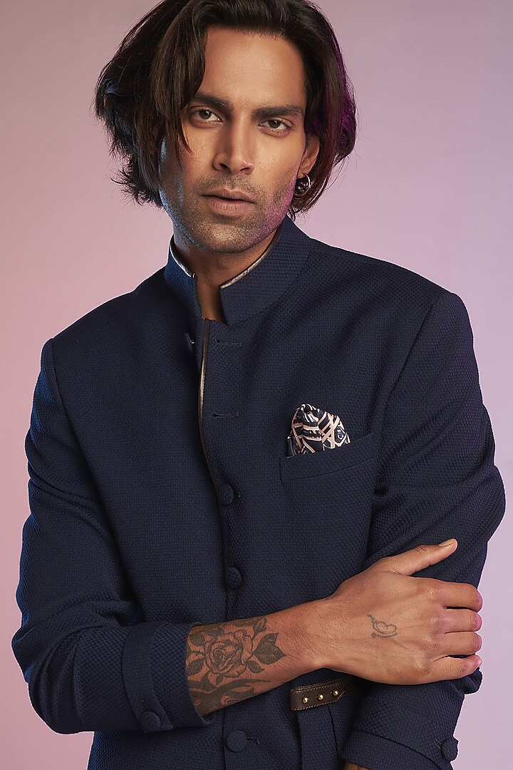 Navy Blue Poly Blend Bandhgala Jacket by S&N by Shantnu Nikhil Men at Pernia's Pop Up Shop