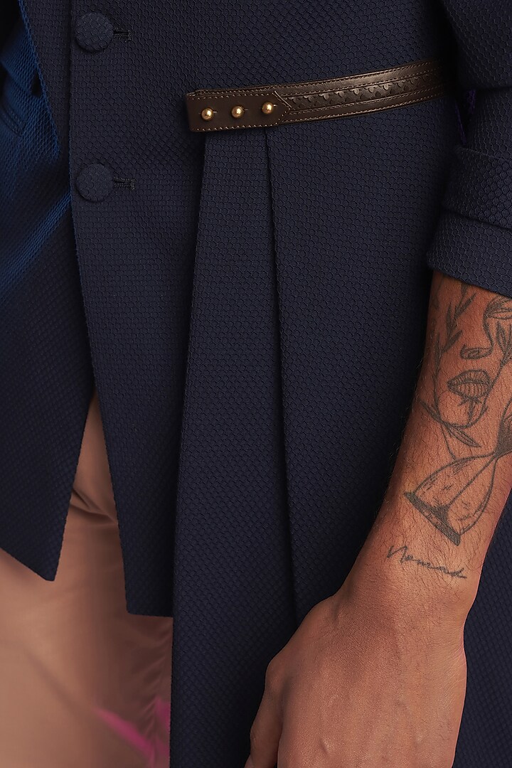 Navy Blue Poly Blend Bandhgala Jacket by S&N by Shantnu Nikhil Men at Pernia's Pop Up Shop