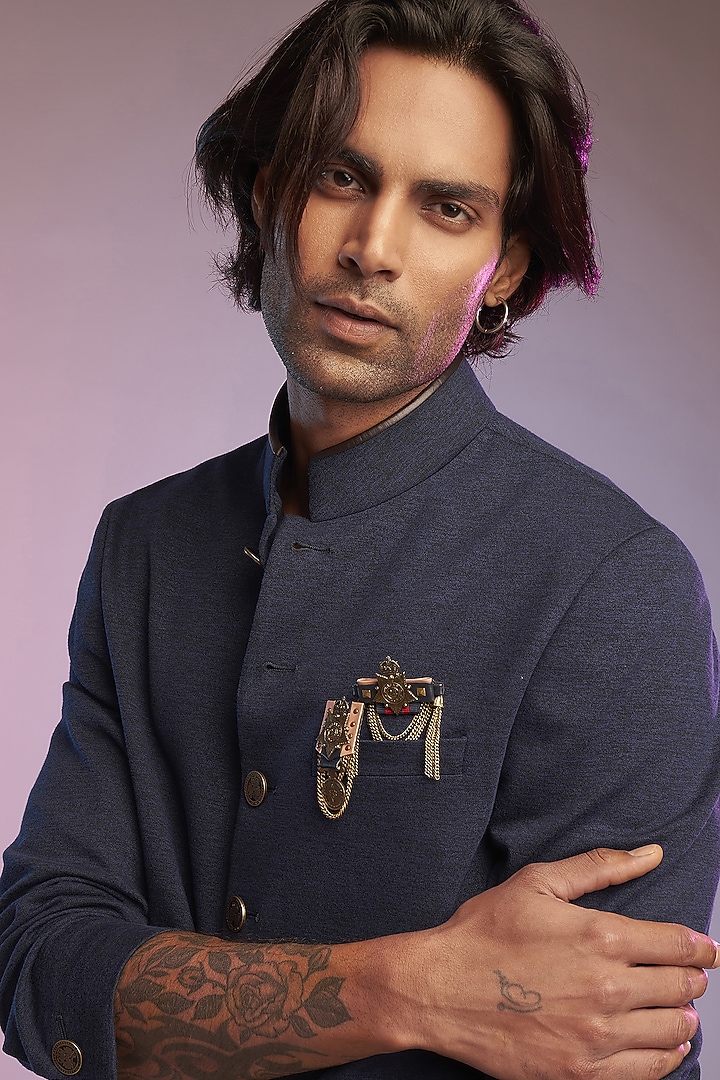 Navy Blue Poly Blend Wedding Bandhgala Jacket by S&N by Shantnu Nikhil Men at Pernia's Pop Up Shop