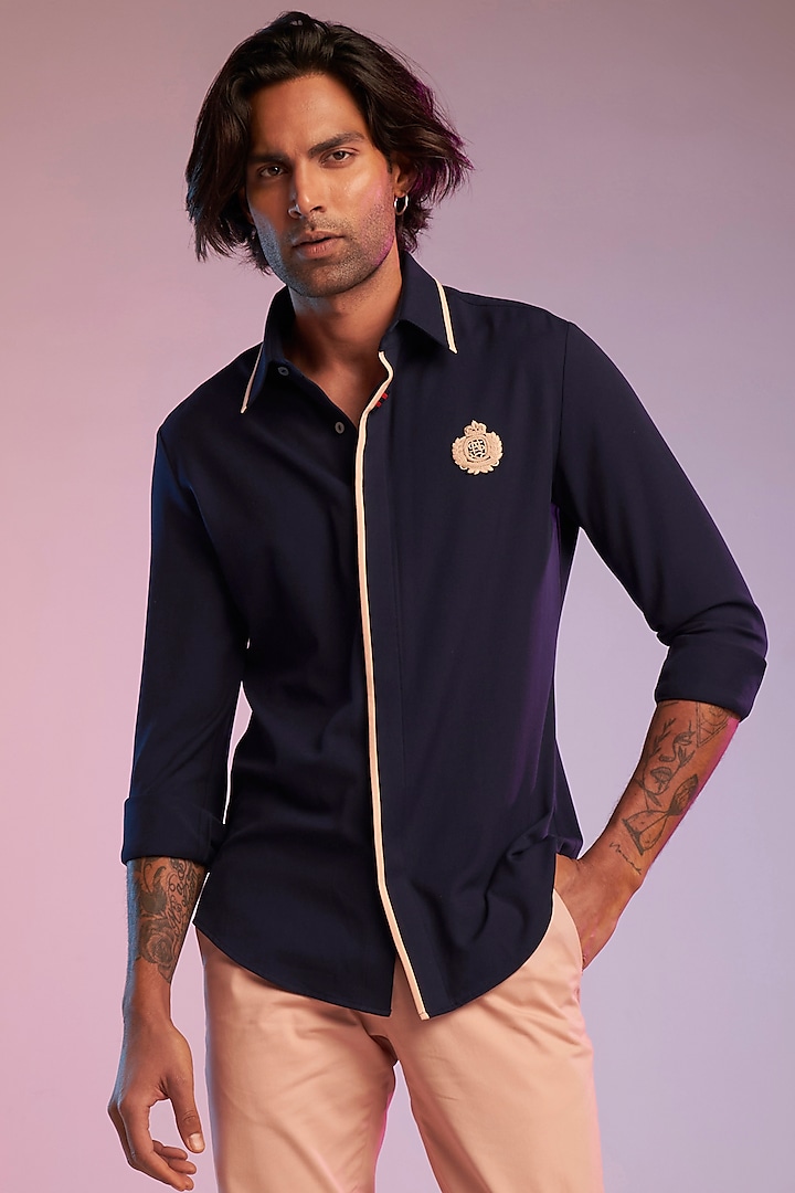 Navy Blue Poly Blend Shirt by S&N by Shantnu Nikhil Men