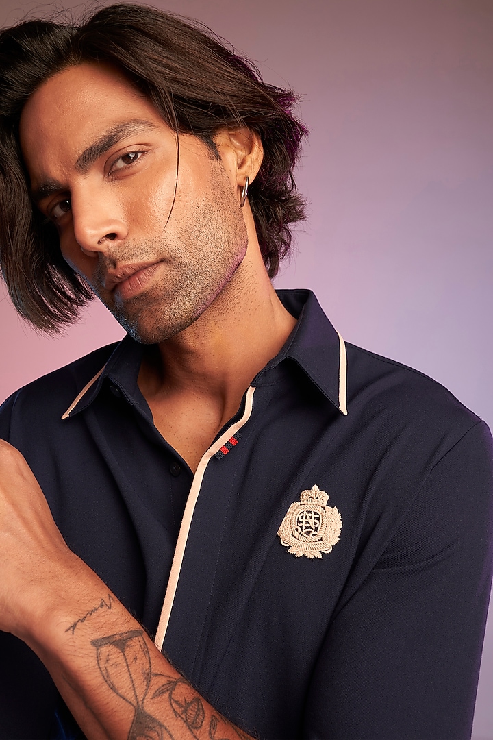 Navy Blue Poly Blend Party Wear Shirt by S&N by Shantnu Nikhil Men at Pernia's Pop Up Shop