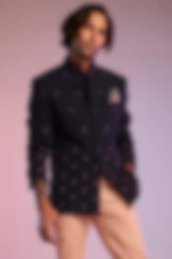 Navy Blue Nylon & Viscose Embroidered Wedding Bandhgala Jacket by S&N by Shantnu Nikhil Men at Pernia's Pop Up Shop