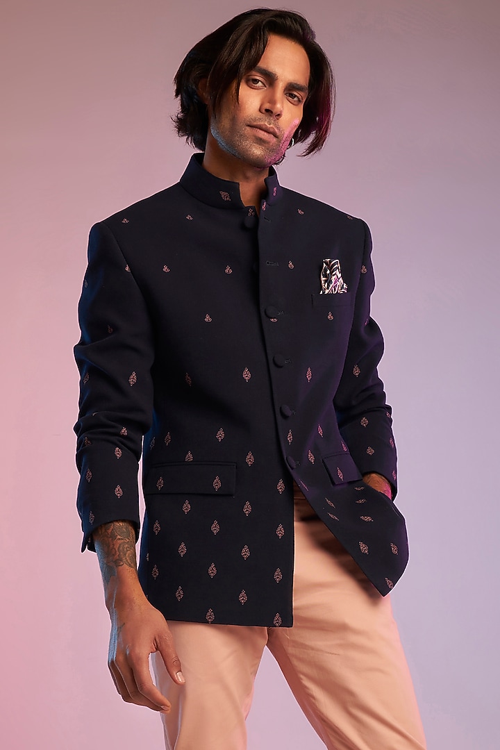 Navy Blue Nylon & Viscose Embroidered Wedding Bandhgala Jacket by S&N by Shantnu Nikhil Men at Pernia's Pop Up Shop