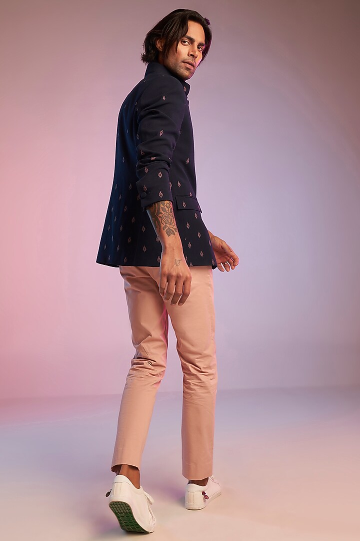 Navy Blue Nylon & Viscose Embroidered Wedding Bandhgala Jacket by S&N by Shantnu Nikhil Men at Pernia's Pop Up Shop