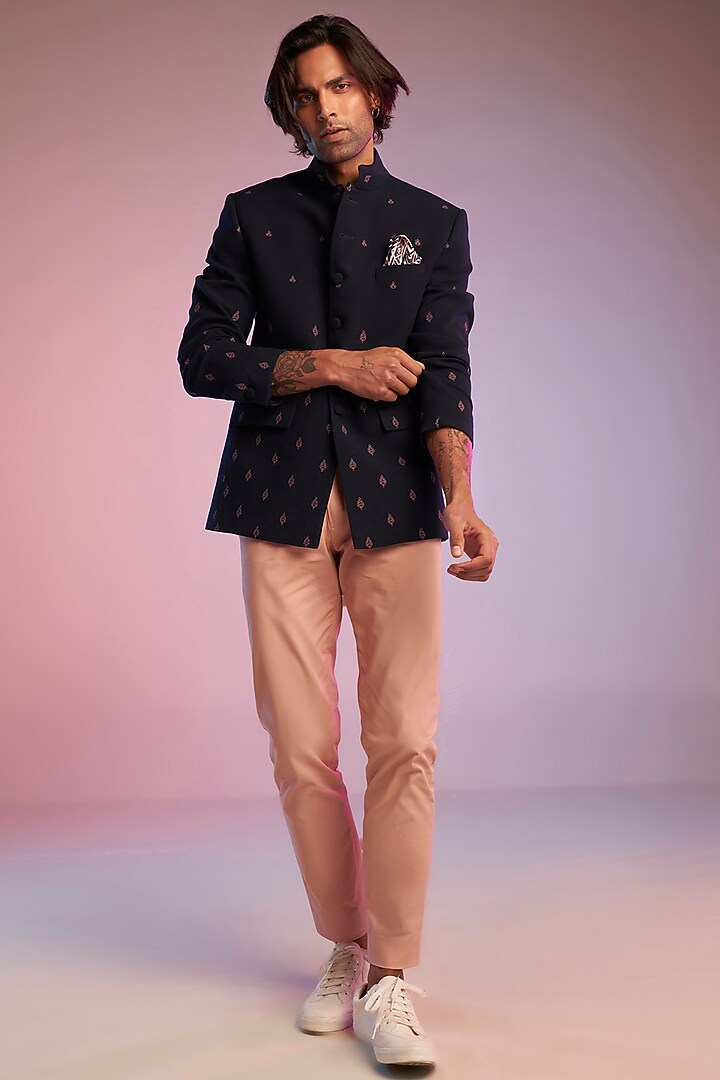 Navy Blue Nylon & Viscose Embroidered Wedding Bandhgala Jacket by S&N by Shantnu Nikhil Men at Pernia's Pop Up Shop