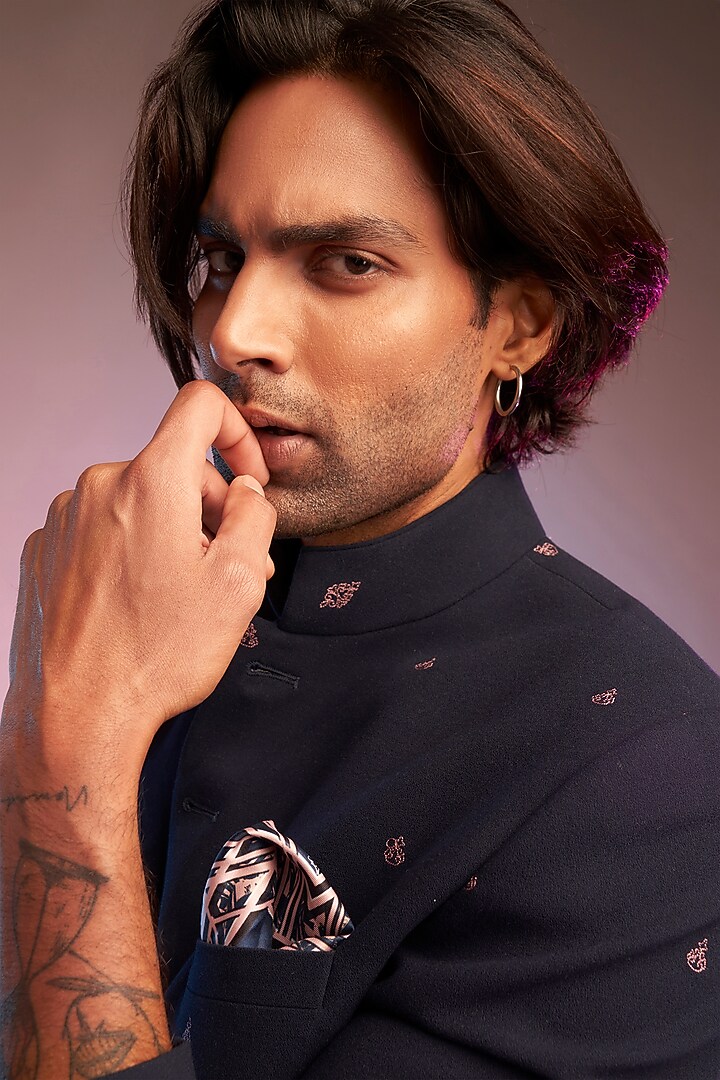 Navy Blue Nylon & Viscose Embroidered Wedding Bandhgala Jacket by S&N by Shantnu Nikhil Men at Pernia's Pop Up Shop