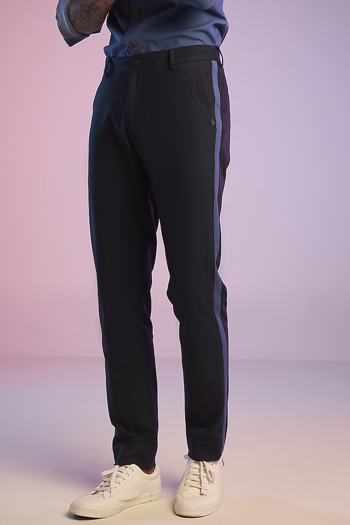 Navy Blue Cotton & Lycra Trousers by S&N by Shantnu Nikhil Men at Pernia's Pop Up Shop