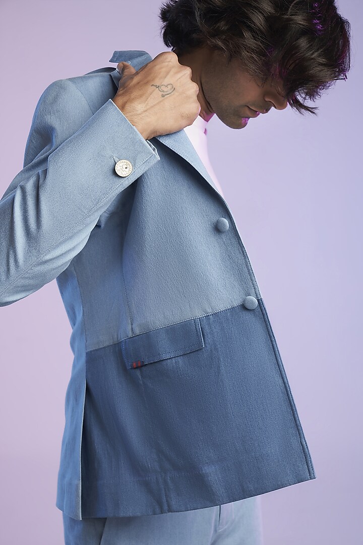 Light Blue Cotton Denim Color-Blocked Jacket by S&N by Shantnu Nikhil Men at Pernia's Pop Up Shop