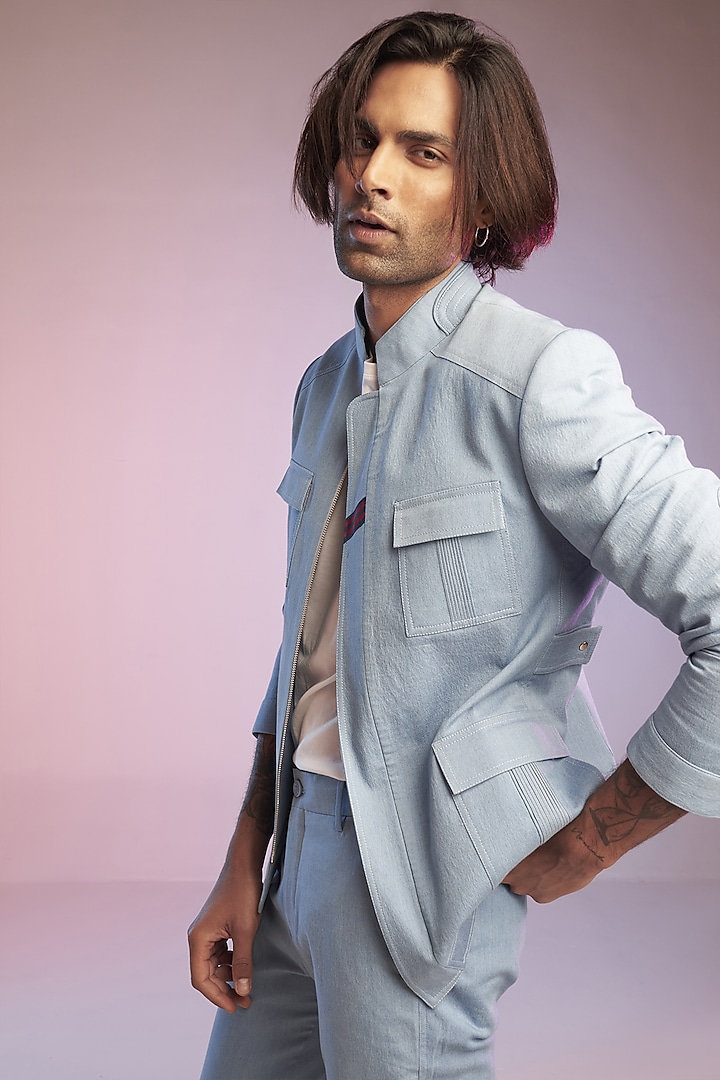Light Blue Cotton Denim Indo-Western Set by S&N by Shantnu Nikhil Men at Pernia's Pop Up Shop