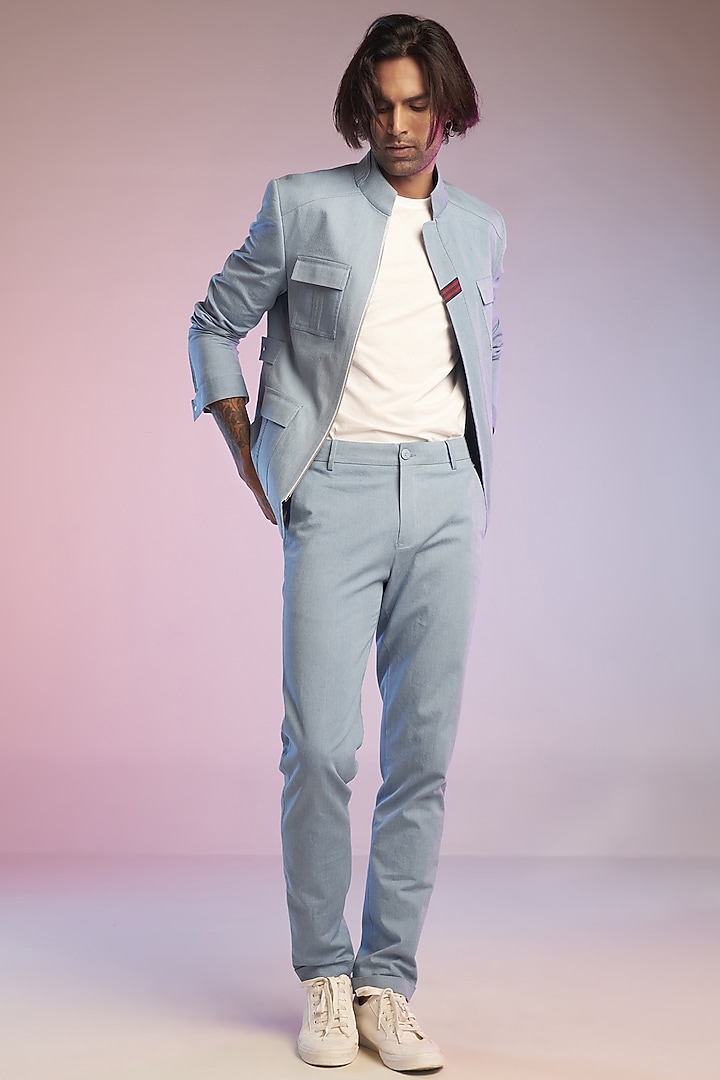 Light Blue Cotton Denim Indo-Western Set by S&N by Shantnu Nikhil Men at Pernia's Pop Up Shop