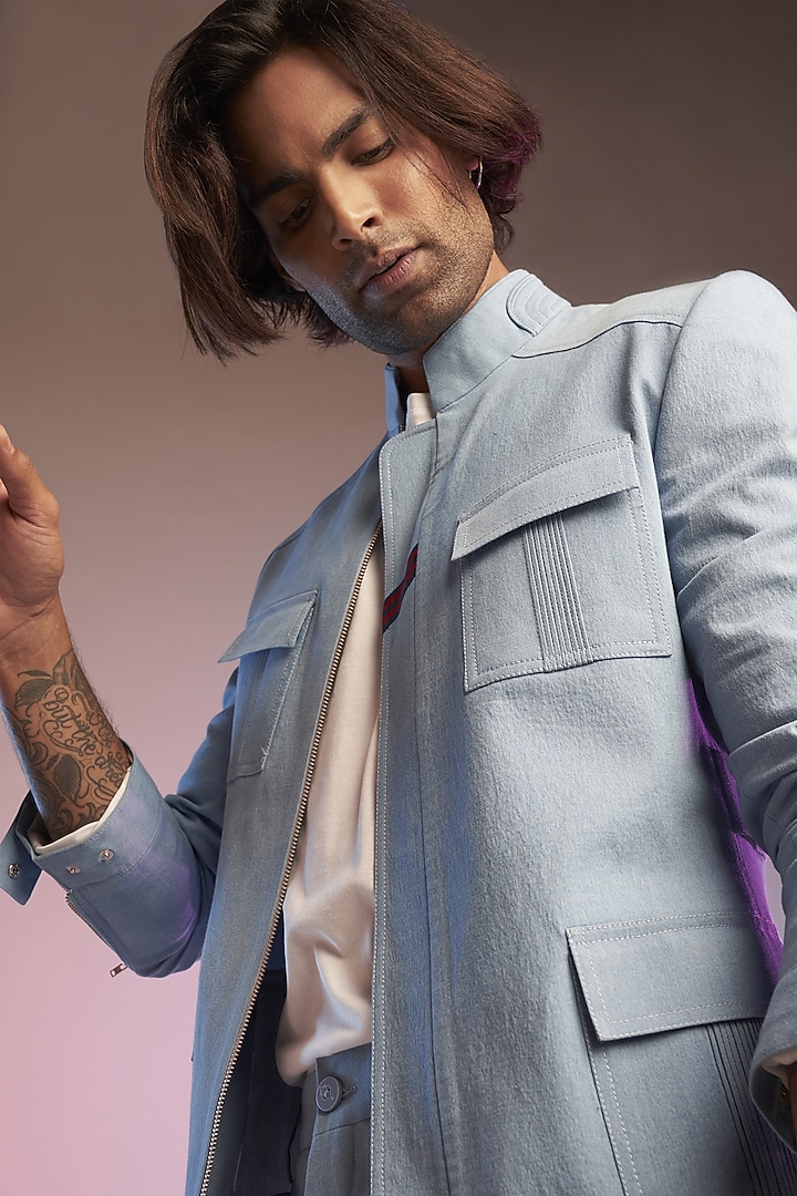 Light Blue Cotton Denim Indo-Western Set by S&N by Shantnu Nikhil Men at Pernia's Pop Up Shop