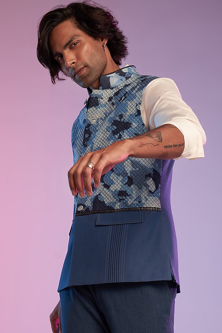 Light Blue Terylene & Viscose Nehru Jacket by S&N by Shantnu Nikhil Men