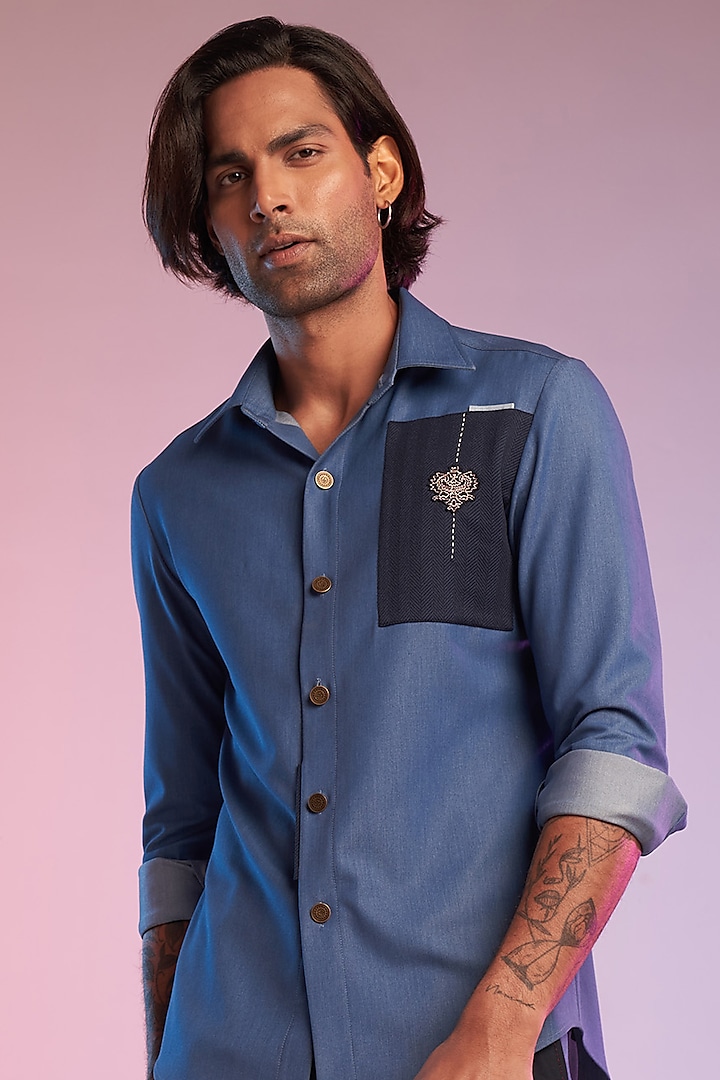 Dark Blue Terylene & Rayon Shirt by S&N by Shantnu Nikhil Men