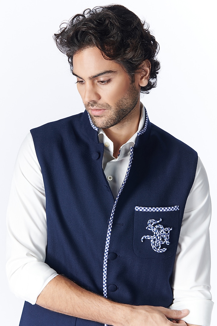 Navy Blue Poly Blend Viscose Waistcoat by S&N by Shantnu Nikhil