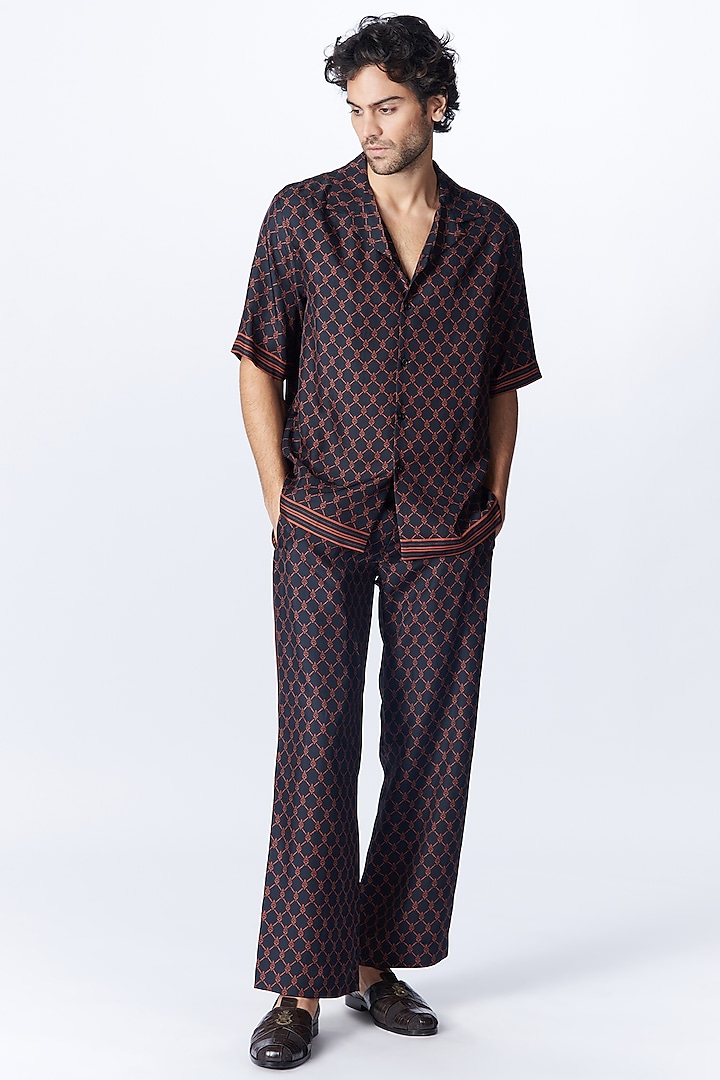 Black Twill Silk Printed Trousers by S&N by Shantnu Nikhil Men