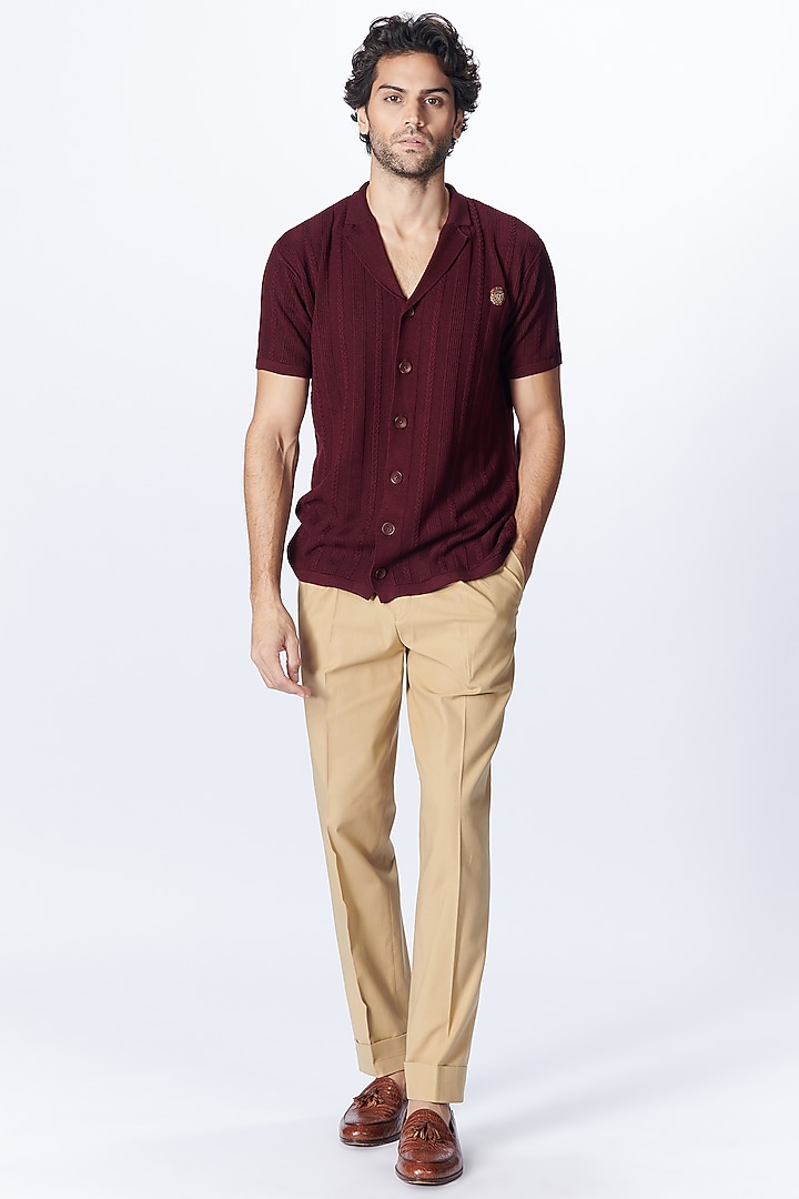 Maroon Recycled Nylon Knit Party Wear Shirt by S&N by Shantnu Nikhil Men at Pernia's Pop Up Shop