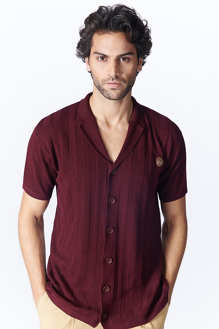 Maroon Recycled Nylon Knit Party Wear Shirt by S&N by Shantnu Nikhil Men at Pernia's Pop Up Shop