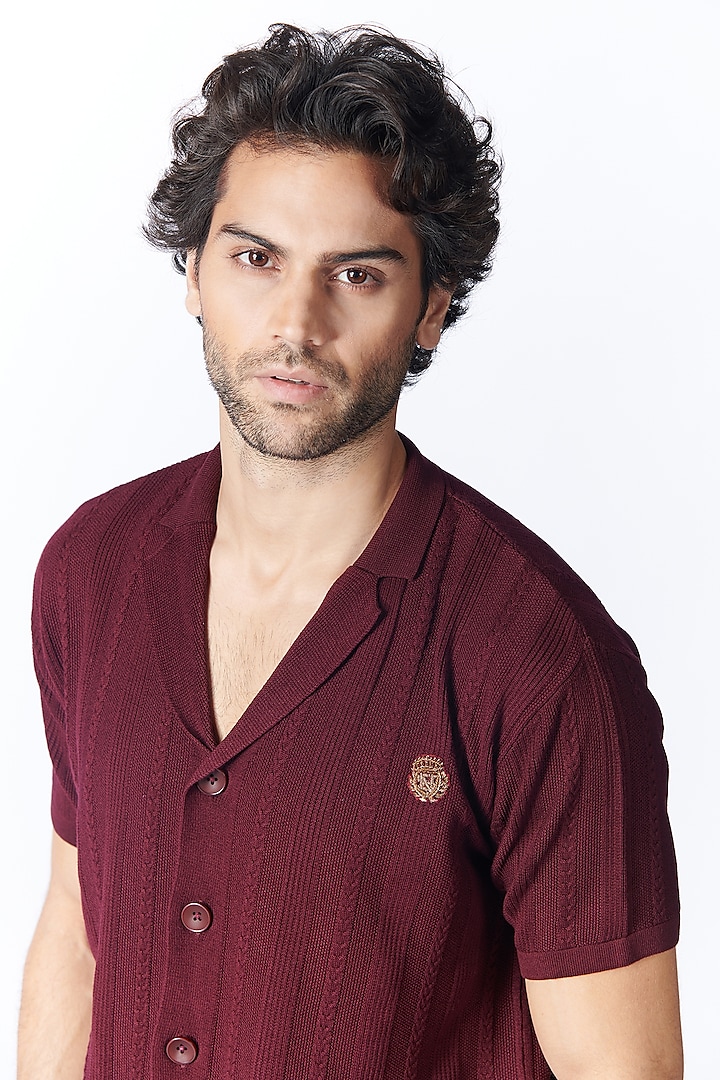 Maroon Recycled Nylon Knit Party Wear Shirt by S&N by Shantnu Nikhil Men at Pernia's Pop Up Shop