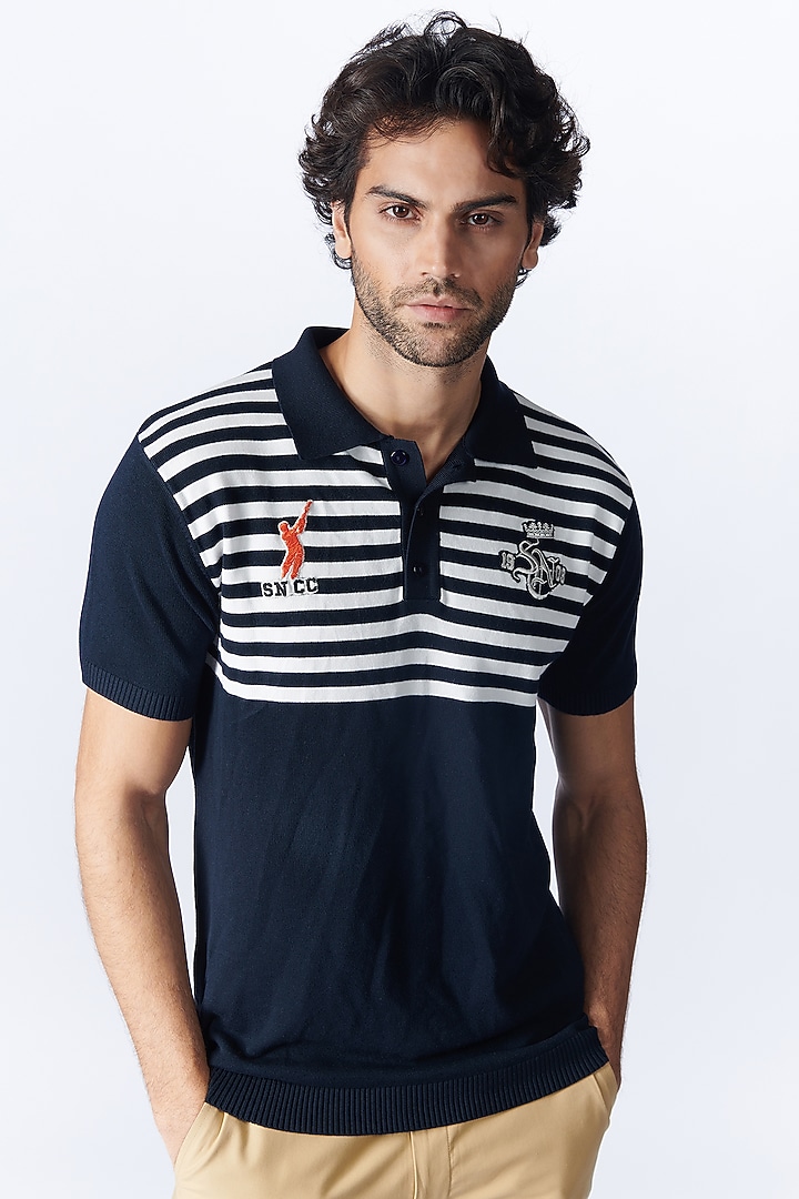 Navy Blue Recycled Nylon Striped Knit T-Shirt by S&N by Shantnu Nikhil Men at Pernia's Pop Up Shop