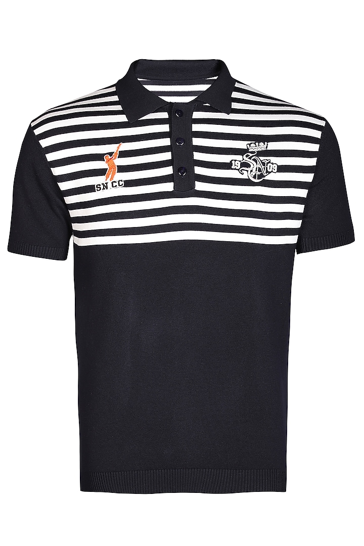 Navy Blue Recycled Nylon Striped Knit T-Shirt by S&N by Shantnu Nikhil Men at Pernia's Pop Up Shop
