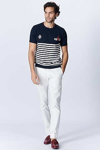 Navy Recycled Nylon Striped Polo T-Shirt by S&N by Shantnu Nikhil Men