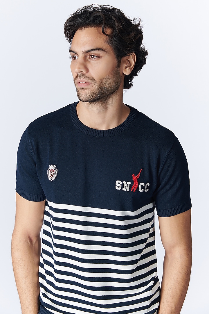 Navy Recycled Nylon Striped Polo T-Shirt by S&N by Shantnu Nikhil Men at Pernia's Pop Up Shop