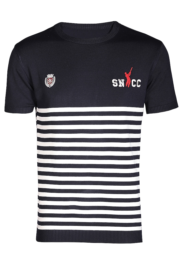Navy Recycled Nylon Striped Polo T-Shirt by S&N by Shantnu Nikhil Men at Pernia's Pop Up Shop