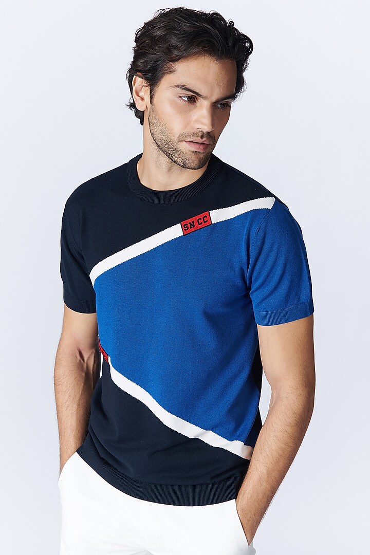 Blue Recycled Nylon Color-Blocked T-Shirt by S&N by Shantnu Nikhil Men at Pernia's Pop Up Shop