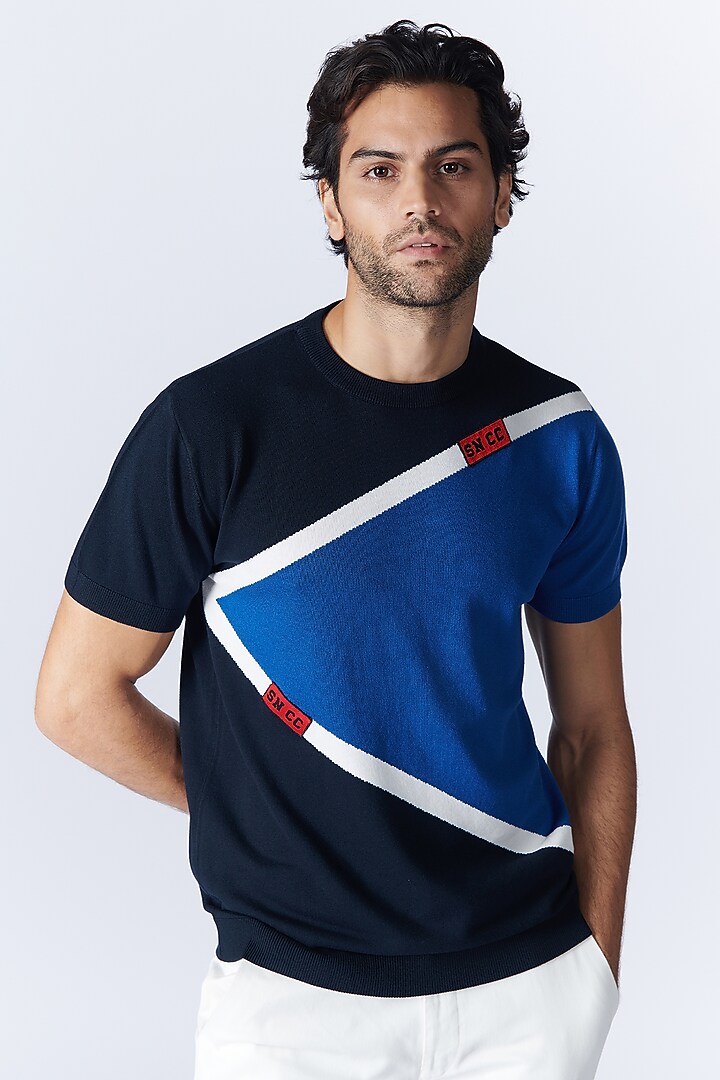 Blue Recycled Nylon Color-Blocked T-Shirt by S&N by Shantnu Nikhil Men at Pernia's Pop Up Shop