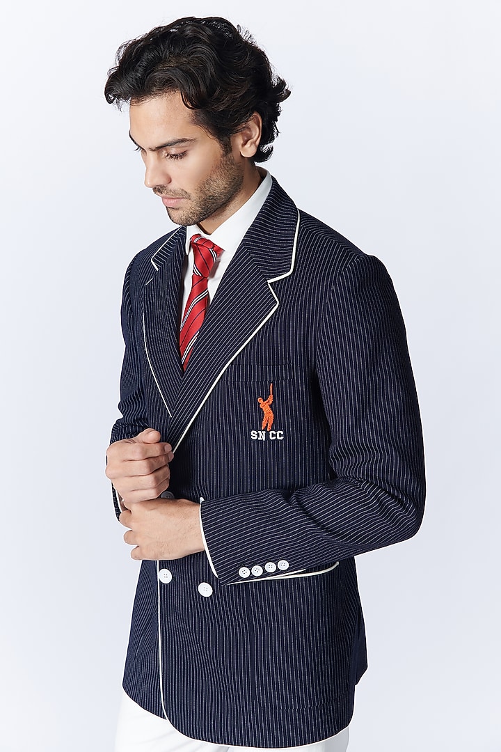 Navy Poly Blend & Lycra Jacket by S&N by Shantnu Nikhil Men at Pernia's Pop Up Shop