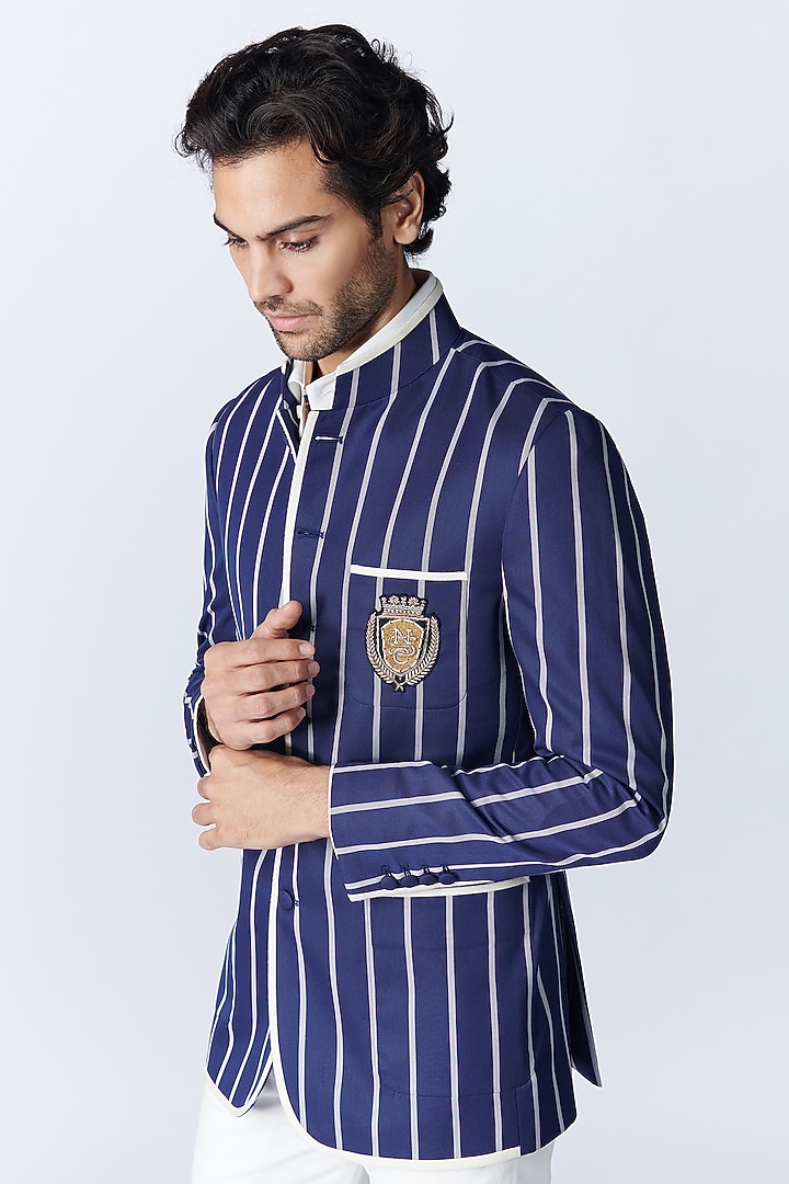 Blue Suiting Fabric Striped Wedding Bandhgala Jacket by S&N by Shantnu Nikhil Men at Pernia's Pop Up Shop