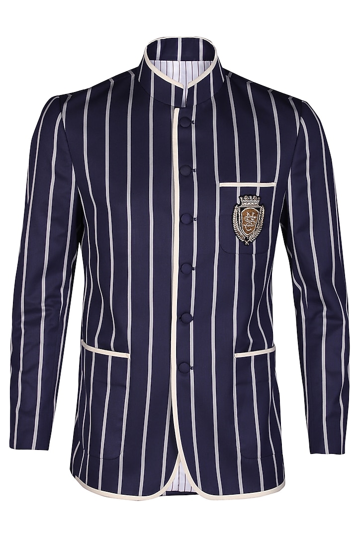 Blue Suiting Fabric Striped Wedding Bandhgala Jacket by S&N by Shantnu Nikhil Men at Pernia's Pop Up Shop