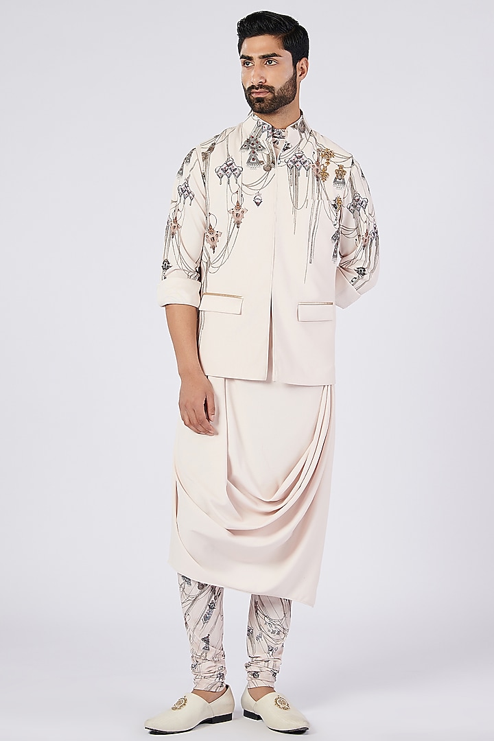 Off-White Poly Jersey Printed Churidar Pants by S&N by Shantnu Nikhil Men