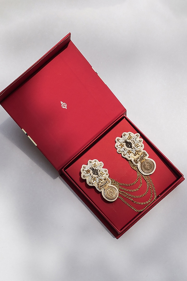 Off-White Faux Leather Embroidered Dual Brooch by S&N by Shantnu Nikhil Men at Pernia's Pop Up Shop