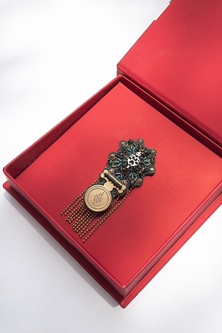 Emerald Green Faux Leather Embellished Military Merit Brooch by S&N by Shantnu Nikhil Men at Pernia's Pop Up Shop