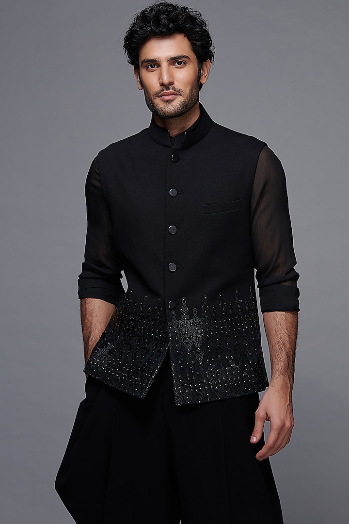 Black Cotton & Velvet Bundi Jacket by S&N by Shantnu Nikhil Men