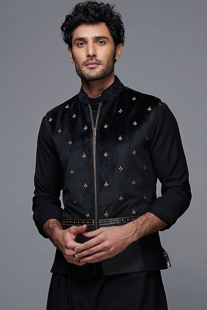 Black Velvet & Jersey Bundi Jacket by S&N by Shantnu Nikhil Men