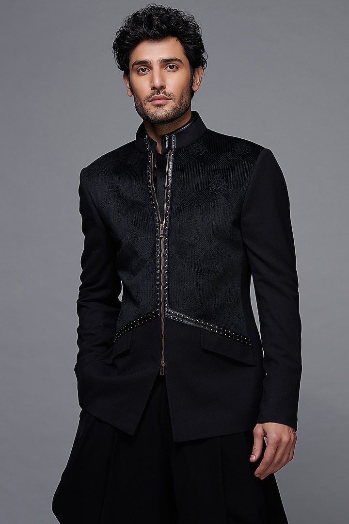 Black Velvet & Poly Blend Wedding Bandhgala Jacket by S&N by Shantnu Nikhil Men at Pernia's Pop Up Shop