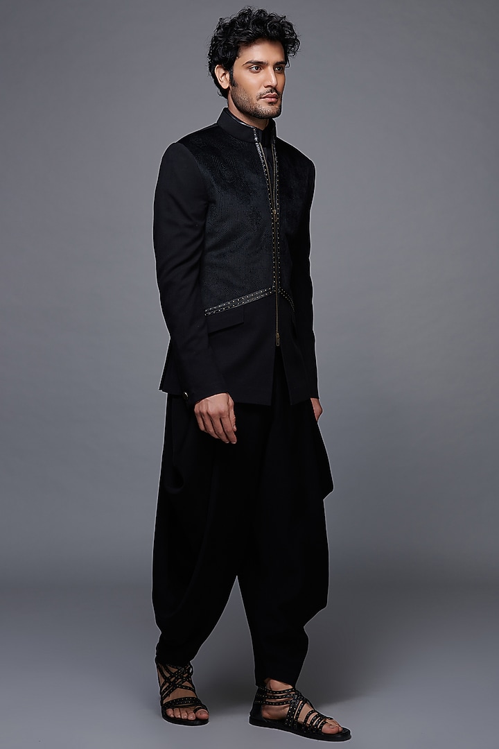 Black Velvet & Poly Blend Wedding Bandhgala Jacket by S&N by Shantnu Nikhil Men at Pernia's Pop Up Shop